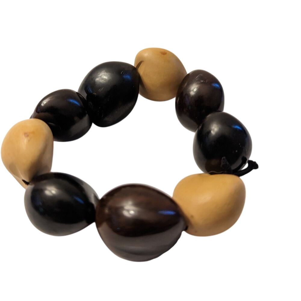 MCM Vintage Hawaiian Kukui Nut Stretch Bracelet Black Beige Mid Century